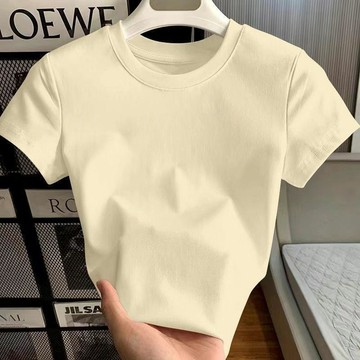 【臺灣出貨】100%純棉上衣 240G重磅杏色正肩短袖t恤女 夏季甜酷內搭打底衫  設計感上衣 修身上衣 百搭上衣