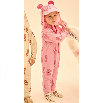 韓國 Care Bears - UPF 50+連身式長袖泳裝(附遮脖泳帽)-卡通人物彩虹熊-粉