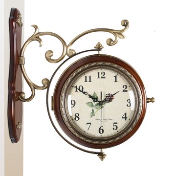 TQJ歐式實木雙面掛鐘純銅創意掛表家居客廳臥室靜音時鐘表