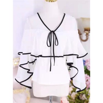 新款2025漂亮時尚雪紡衫外搭白色甜美荷葉邊蝴蝶結半袖初夏上衣女