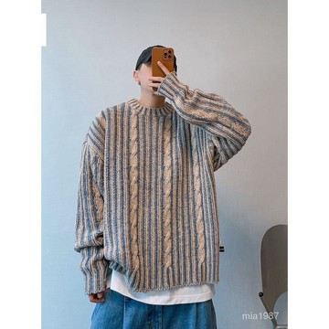 【優選好物】秋冬兩麵穿條紋毛衣男ins美式複古寬鬆慵懶風針織衫外套韓版毛衫 AZEU