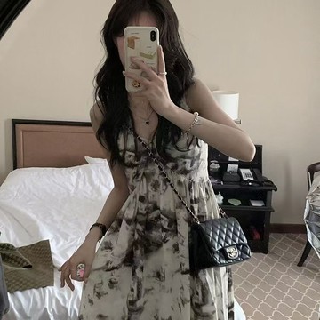 💛限時下殺💛清冷女神 暈染連衣裙女 夏季小衆吊帶長裙 兩件套 內搭裙 吊帶裙 喇叭袖防曬罩衫 夏季套裝 洋裝 A字裙