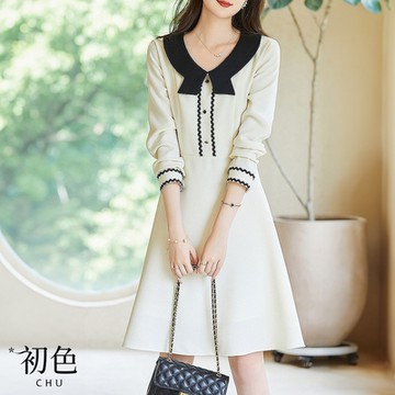 初色 休閒百搭肌理感撞色V領蝴蝶結長袖連衣裙長裙洋裝-米白色-31175(M-2XL可選)