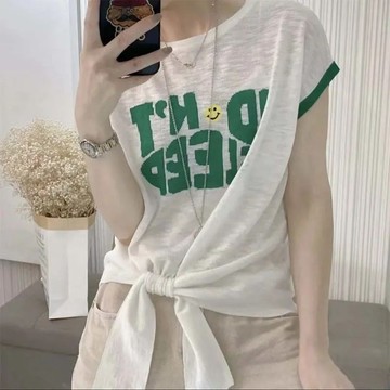 女士T恤小衫夏季新款韓版印花系帶設計感短袖T恤寬鬆圓領短袖上衣