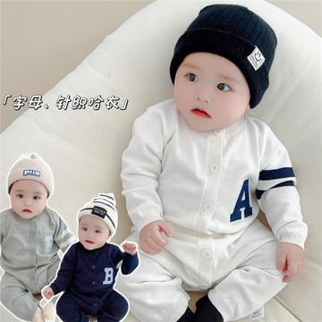 新生嬰兒毛衣連體哈衣秋冬男女寶寶字母針織爬服保暖毛線衫外出服