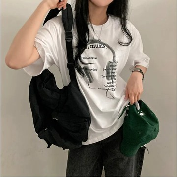 Vuja de 純棉 t恤 短袖上衣女 耳機印花 T恤 韓國上衣 oversize T恤 潮流衣服 寬鬆上衣 ins風