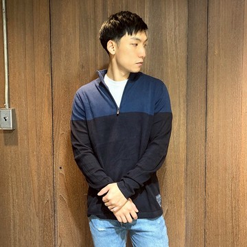 美國百分百【全新真品】Calvin Klein 半拉鍊 針織衫 CK 線衫 長袖 logo 男 深藍黑色 M號 B524