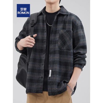 羅蒙2024秋季男士外套復古加厚格子襯衫工裝長袖寬松休閑外穿夾克
