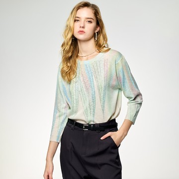柔彩線條水鑽七分袖針織上衣_綠色【MON'S 流行服飾】