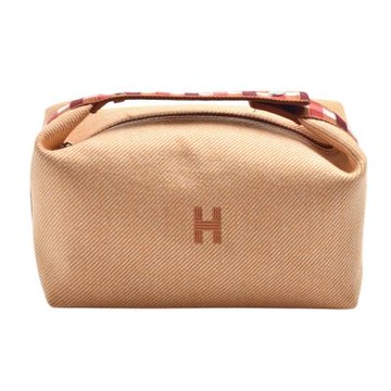 HERMES 經典Bride-a-Brac au Carre格紋雙色羊絨羊毛手提化妝包(橘色)