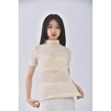 (S) 高領皺皺杏色短袖上衣二手衣