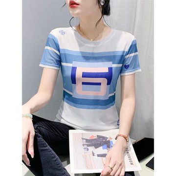 歐洲站個性印花T恤女短袖夏季新款性感圓領彈力網紗修身上衣小衫