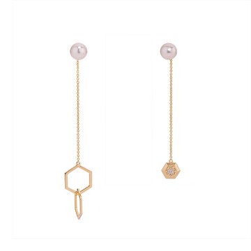 糸 - 不對稱珍珠鑲鑽耳環黃K金