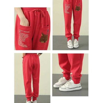 2024新款秋冬哈倫衛褲子女寬松束腳加絨加厚刺繡貓休閑小腳運動褲