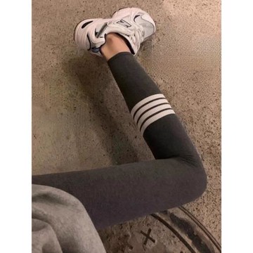 潮牌TB灰色螺紋四條杠打底褲女秋冬加絨顯瘦小腳彈力針織緊身褲子