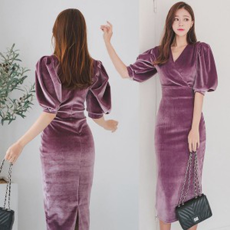 ワンピース レディース ペンシルワンピース ベルベットワンピース 膝下 ワンピ 無地 Vネック ハイウエスト バルーンスリーブ 通販 Lineポイント最大get Lineショッピング