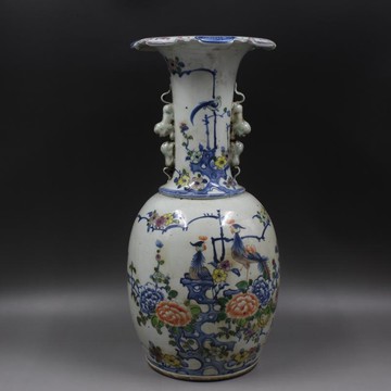 清光緒年制青花斗彩花鳥長頸瓶民間收藏品老貨瓷器擺件古董古玩