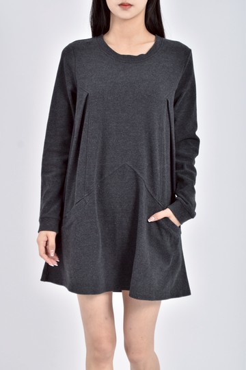 (S) t parts質感棉質口袋設計長袖灰色洋裝
