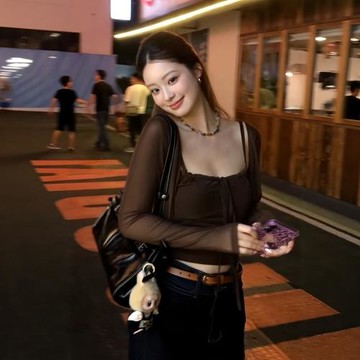 韓系穿搭辣妹方領緊身吊帶背心外搭網紗開衫兩件套上衣女秋冬套裝