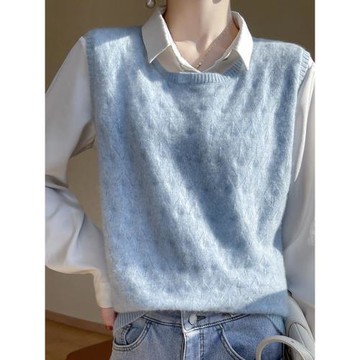 100%純羊毛修身鏤空圓領短款馬甲