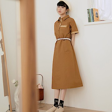 OB嚴選-咖啡廳家族．拼色襯衫領寬版工裝洋裝