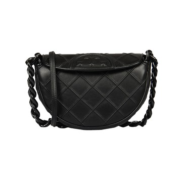 Tory burch - 菱格紋皮革翻蓋半月包 (黑)