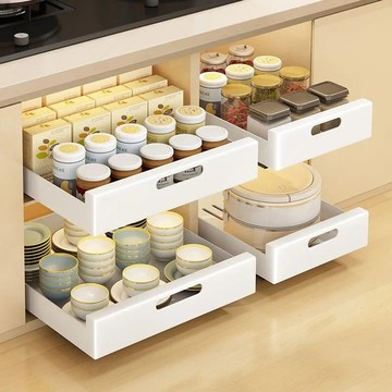 櫥櫃內抽屜置物架 大容量廚房抽屜拉籃 分層調料碗碟盤儲物架 下水槽抽拉式收納盒 碳鋼材質廚房收納架