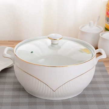 家用雙耳帶蓋陶瓷湯窩燉盅純白大號容量飯湯碗湯盆微波爐多款外貿