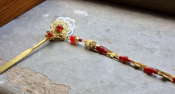 喵手作~中國風雙面劍形瑪瑙髮簪/紅瑪瑙/金(黃銅原色)