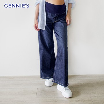 【Gennies 奇妮】舒適孕婦牛仔寬褲-深藍(T4Q05)