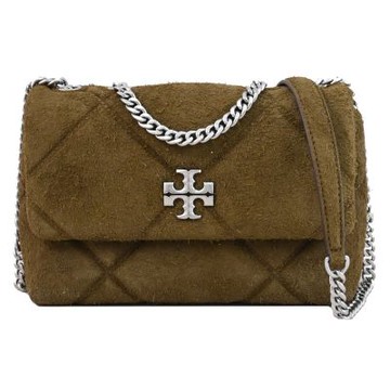 TORY BURCH KIRA 金屬LOGO菱格紋絎縫麂皮翻蓋式鍊包(橄欖綠)