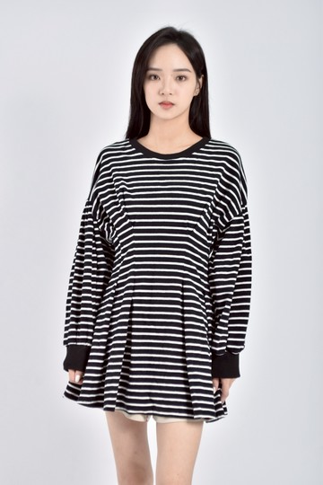 (S) 質感條紋收腰深藍色長袖上衣