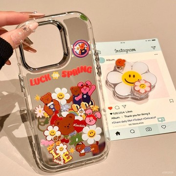 【現 🔥 貨】免運 📣春日笑臉花朵小熊鏡子補妝適用iPhone16promax手機殻15/14硬16pro WI5B