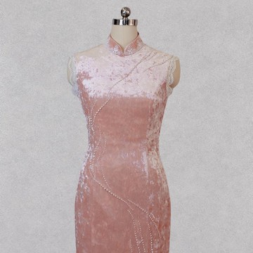 CHAELING 高級客製 鑽石絲絨釘珠蕾絲花邊中式粉色旗袍連衣裙