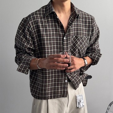 正韓復古經典格紋短版單口袋長袖襯衫 4色 YUPPIE 預購商品 0824