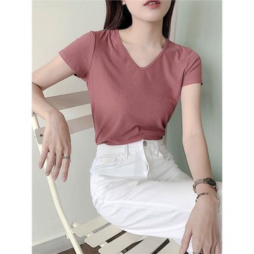 免燙螺紋v領t恤薄款短袖垂感舒適爽滑2025夏款女純棉彈性寬松上衣