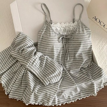 DUYI~夢詩 睡衣女夏季帶胸墊條紋蕾絲吊帶韓版短褲可外穿家居服