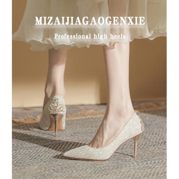 瞇仔家 法式婚鞋新娘鞋水晶伴娘鞋平時可穿細跟高跟鞋女2025新款