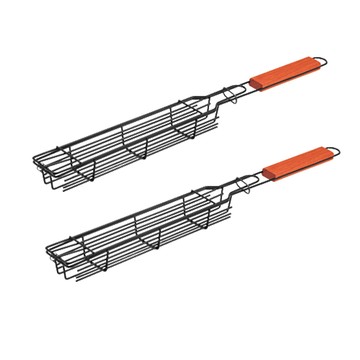 其他料理用品 GoPeaks 戶外露營BBQ蔬菜燒烤架/雙合烤肉網 紅木手柄2入組