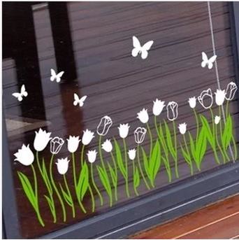 郁金香花草踢腳線墻貼紙 玻璃門窗戶貼畫櫥窗墻貼幼兒園走廊貼紙1入