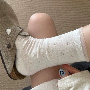 網紅愛心鏤空女襪春夏季新款白色蕾絲拼接襪筒網眼透氣中筒堆堆襪
