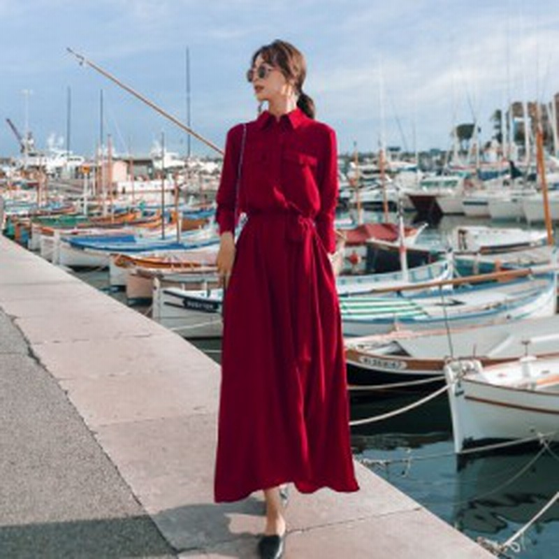 ワンピース ロング丈 シャツワンピ 襟付き ポケット ベルト スリット 長袖 ハイウエスト 赤 レッド ミモレ丈 Mme4916 通販 Lineポイント最大1 0 Get Lineショッピング