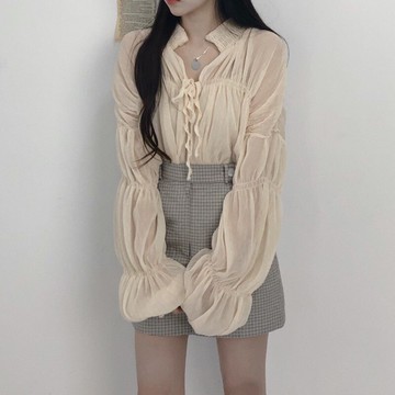 夏裝雪紡短款長袖外套+高腰顯瘦百搭A字半身裙女短裙修身裙子1入