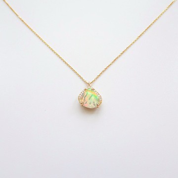 限量現貨 - 天然遊彩蛋白石 鑲鑽 純 18K 金項鍊 16/18 吋可調整