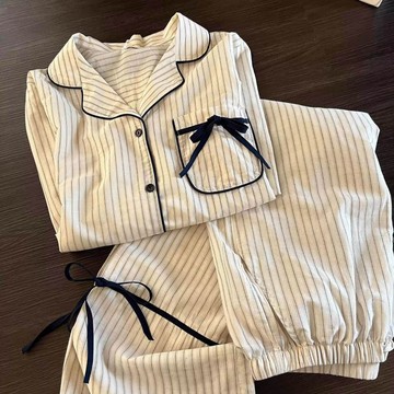 DUYI~夢詩 睡衣女韓系少女感蝴蝶結條紋長袖長褲可外出家居服套裝