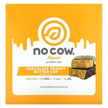 No Cow, 蘸料蛋白棒，巧克力花生醬味，12 根，每根 2.12 盎司（60 克）