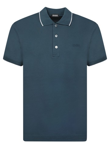 Zegna Teal Blue Logo Piquet Polo Shirt