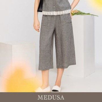 現貨【MEDUSA 曼度莎】晨霧灰黑格亞麻七分寬褲（M-XL）｜亞麻寬褲 七分褲 休閒穿搭