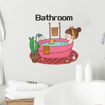【MR.ZAKKA】創意萬用裝飾貼紙-標示系列 可愛卡通女孩洗澡Bathroom 居家布置 DIY可移式壁貼 無痕壁貼 牆貼