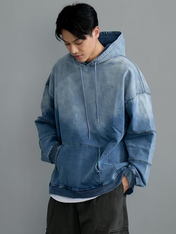 單寧工藝刷色牛仔落肩帽TEE